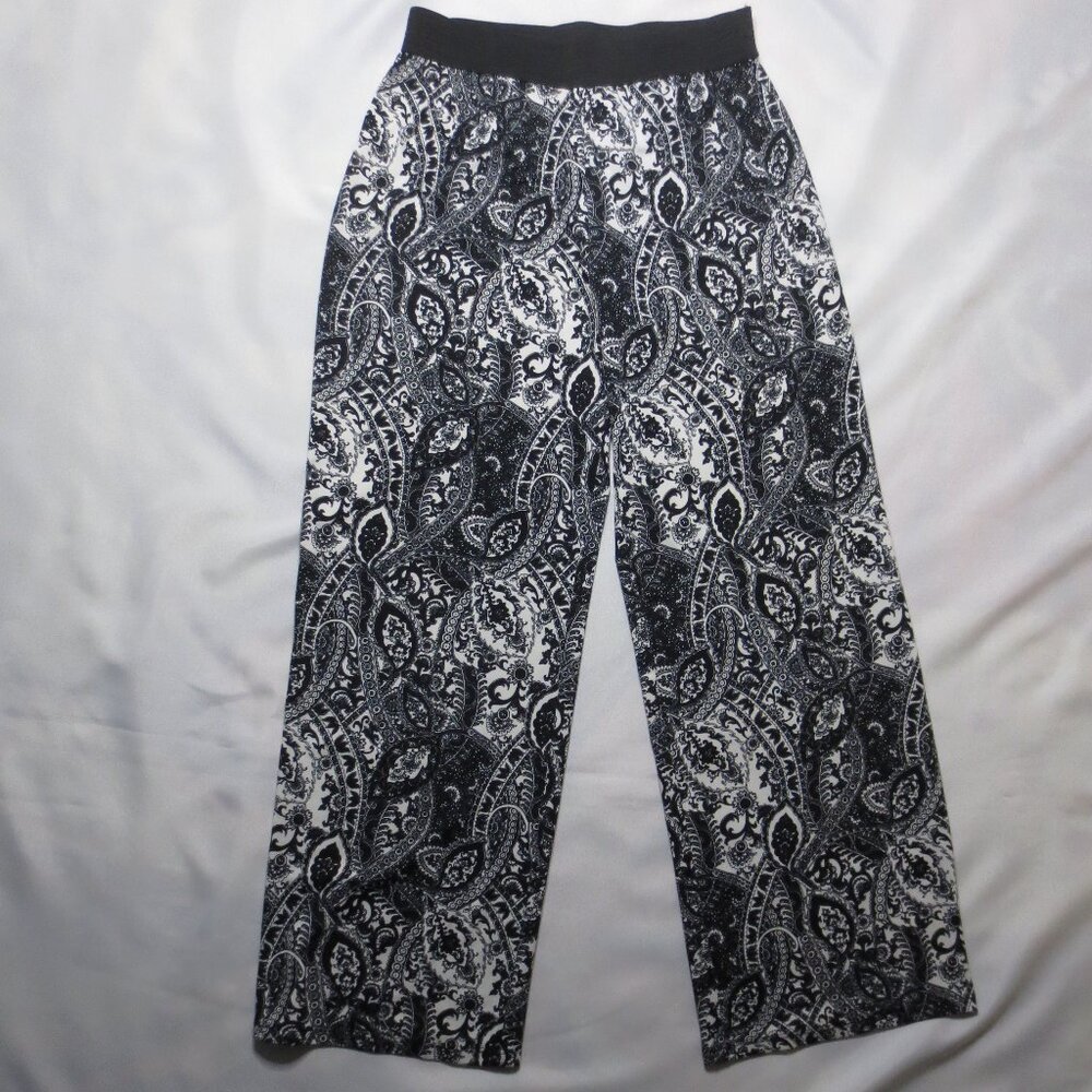 CLAUDIA RICHARD womens PANTS black PAISLEY cream COMFY high waist SIZE LARGE
